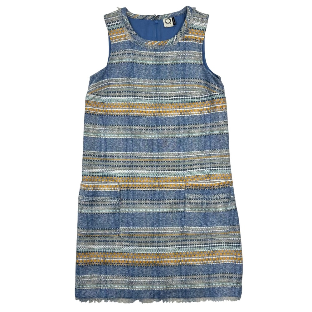 Akemi + Kin‎ Anthropologie Blue Tweed Striped Fringe Shift Dress Sleeveless Sz 0